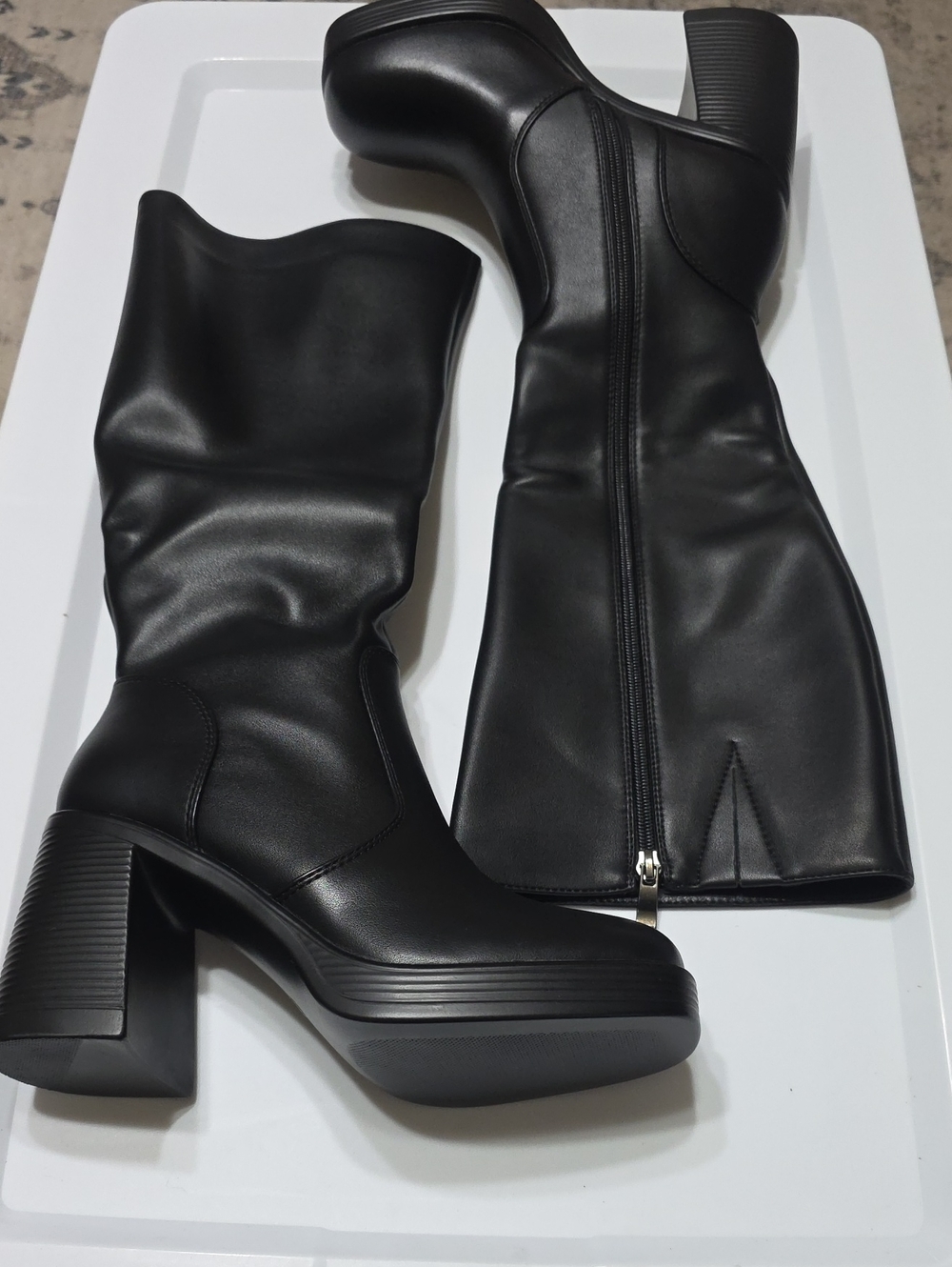 Platform Mid-Calf Heeled Boots in Black